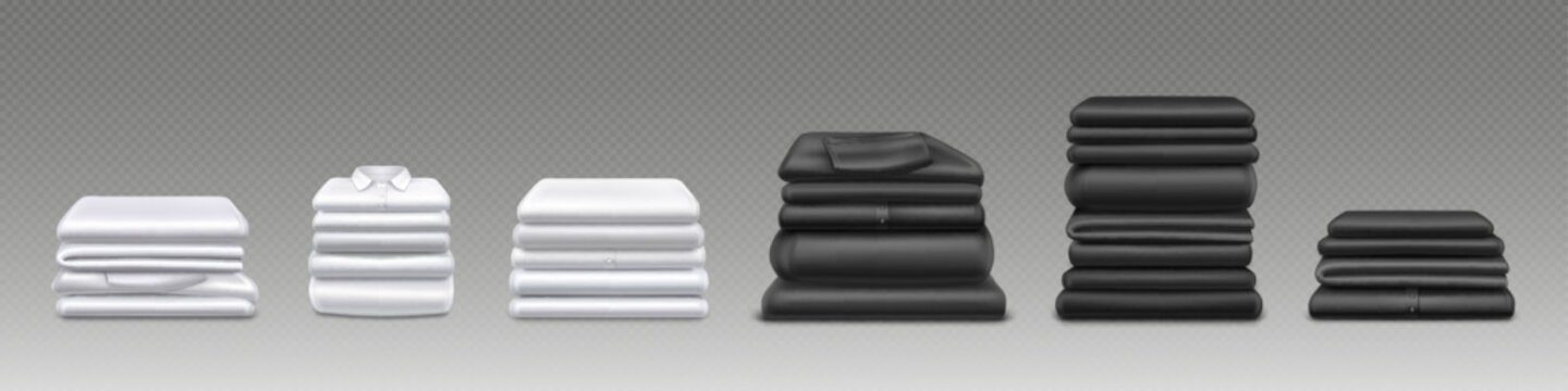 Clean white and black clothes stacks, folded shirts, sweaters and pants isolated on transparent background. Stacks of garment after laundry, washed and ironed apparel, vector realistic illustration