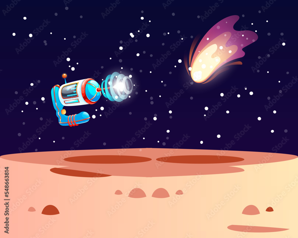 Poster cosmic alien planet landscape with mountains, rocks and other objects in orbit. fantasy illustration