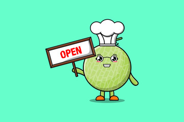 Cute cartoon Melon character holding open sign board designs in concept flat cartoon style