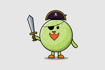 Cute cartoon mascot character Melon pirate with hat and holding sword in modern design