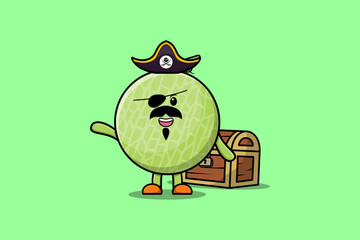 Cute cartoon character Melon pirate with treasure box illustration in modern style design