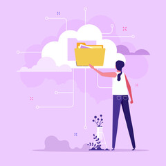 Man putting folder on cloud. Concept of internet hosting, online service for file management and digital information storage, web database, flat vector illustration