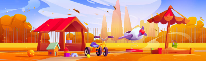Kids playground at suburb house yard at autumn season. Children area with sandbox, toys, bicycle and wooden house, airplane. Kindergarten field for playing and recreation, Cartoon vector illustration