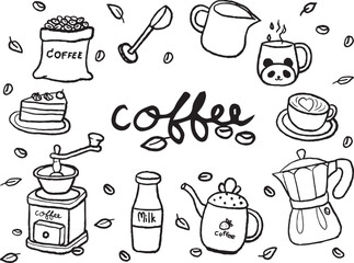 black and white line drawing about coffee Ingredients for making coffee.