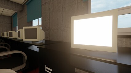 Blank monitor display on background with minimal style and spot light. Blank stand for showing product. 3D rendering.