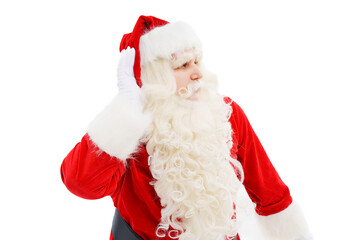 Santa Claus listens with a hand to the ear on a white background Christmas.
