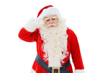 sad Santa Claus holds on to his head on a white background Christmas.