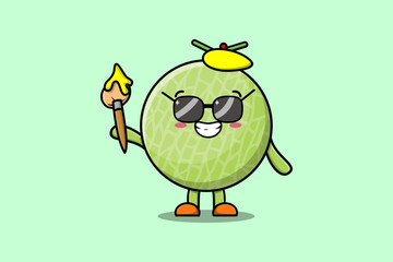 Cute cartoon character Melon painter portraitist with hat and a brush to draw in cute design style