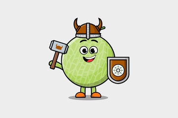 Cute cartoon character Melon viking pirate with hat and holding hammer and shield