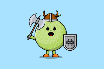 Cute cartoon character Melon viking pirate with hat and holding ax and shield 