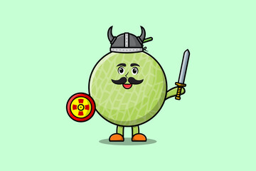 Cute cartoon character Melon viking pirate with hat and holding sword and shield illustration