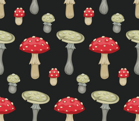 Seamless pattern with cartoon poisonous mushrooms on dark gray background. Autumn drawing of forest amanitas in row. Natural vector texture