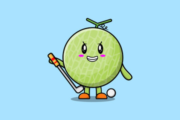 Cute cartoon Melon character playing golf in concept flat cartoon style illustration