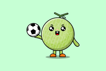 Cute cartoon Melon character playing football in flat cartoon style illustration