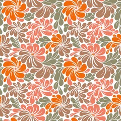 a noiseless pattern with plant patterns in a orange, green, brown, color scheme