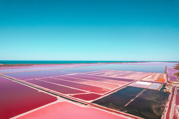 Aerial perspective of the pink colored Hutt Lagoon in Western Australia