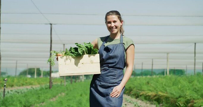 Farming, agriculture and portrait of farmer with vegetables in field after harvest, crops and natural produce. Sustainability, growth success and happy woman with healthy, organic and fresh products