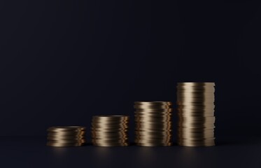 Stack of coins on the wood table black background. money earning profit business concept. 3D illustration. candlestick trade