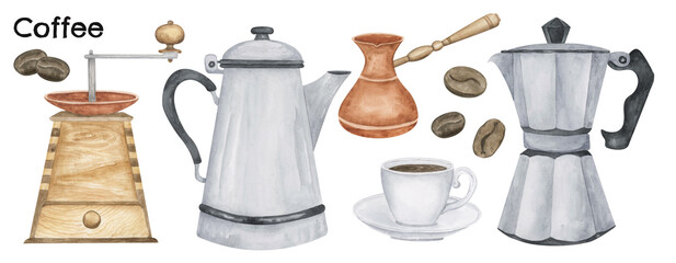 Coffee making watercolor illustration. Coffee grinder, moka pot, vintage coffee pot clipart elements collection.
