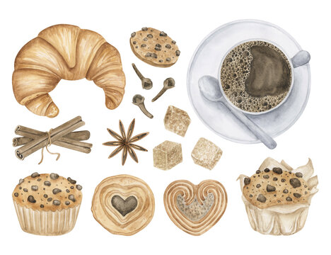 Morning coffee and swets watercolor clipart collection. Espresso shot, brown sugar; croissant, cakes, cinnamon. Hand drawn dessert illustration.