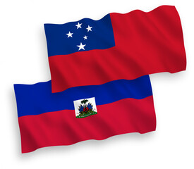 National vector fabric wave flags of Independent State of Samoa and Republic of Haiti isolated on white background. 1 to 2 proportion.