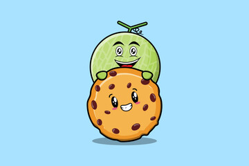 Cute Melon cartoon character hiding in biscuits illustration in flat modern design