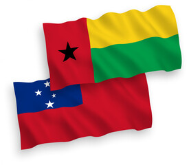 National vector fabric wave flags of Independent State of Samoa and Republic of Guinea Bissau isolated on white background. 1 to 2 proportion.