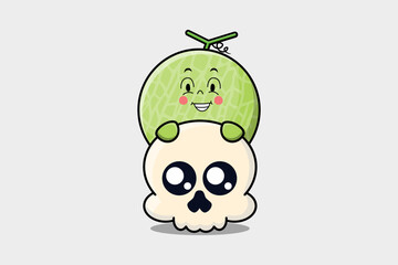 Cute Melon cartoon character hiding in skull illustration in flat modern design
