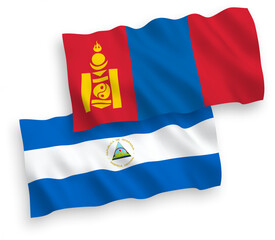 Fototapeta premium National vector fabric wave flags of Nicaragua and Mongolia isolated on white background. 1 to 2 proportion.