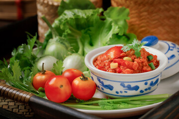 Thai food, Nam Prik Ong, a northern food made from minced pork stir-fried with tomatoes and chili. Spicy Chili Paste Lanna style food.
