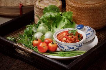 Thai food, Nam Prik Ong, a northern food made from minced pork stir-fried with tomatoes and chili. Spicy Chili Paste Lanna style food.