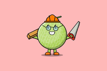 Cute cartoon Melon as carpenter character with saw and wood in flat modern style design