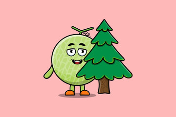 Cute cartoon Melon character hiding tree in flat modern design in modern style design