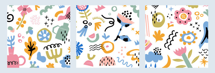 Set of contemporary floral cutouts. Vector illustration of hand drawn flowers, leaves, creative shapes and doodle design elements on white background. Collection of abstract seamless backgrounds