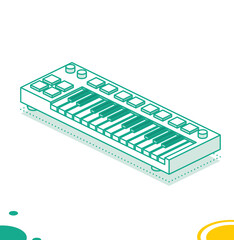 Midi Keyboard with Pads and Faders. Isometric Outline Concept.