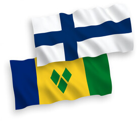 National vector fabric wave flags of Finland and Saint Vincent and the Grenadines isolated on white background. 1 to 2 proportion.