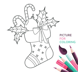 Christmas sock with gifts and Christmas decorations. Image for coloring on a white background.