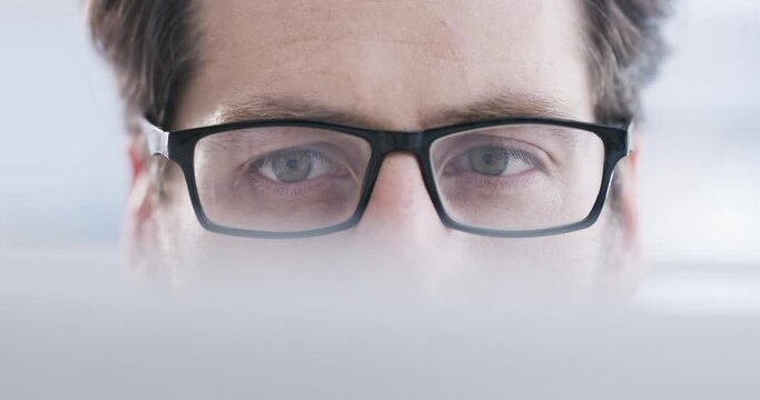 Computer, reading and eyes of business man review stock market big data for trading of bitcoin crypto, nft or forex. Research, vision glasses and businessman working on economy investment portfolio