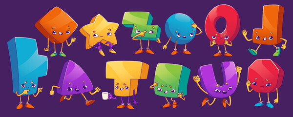 Geometric figures characters various emotions. Learning school game personages parallelepiped, star, sphere, hexagon or rhombus, triangle, ring and arch emoji set, Cartoon linear vector illustration