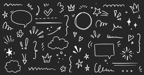 Sketch underline, emphasis, arrow shape set chalkboard. Hand drawn brush stroke, highlight, speech bubble, underline, sparkle element. Vector illustration.