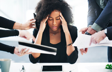 Black woman, headache or stress with office documents for attorney issue with chaos of people. Lawyer, stressed or sick at workplace desk from burnout, anxiety and corporate career challenge. - obrazy, fototapety, plakaty