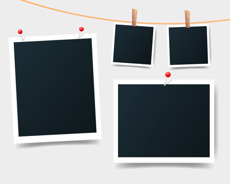 Differents size blank set photo picture frames on gray background. Instant photos mockup hanging on a thread or attached with buttons. Photo template for Scrapbook. Vector illustration