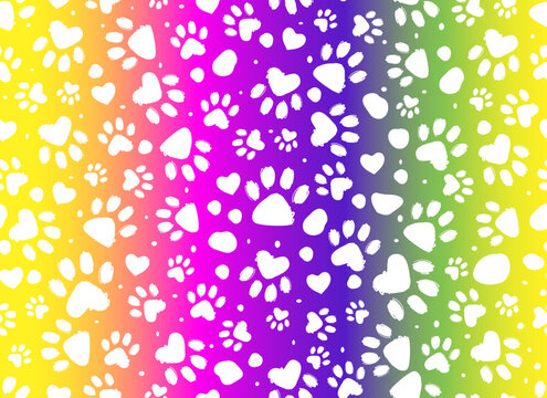 Animal paw rainbow print seamless pattern.Dalmatian Spots. Vector hand-drawn background