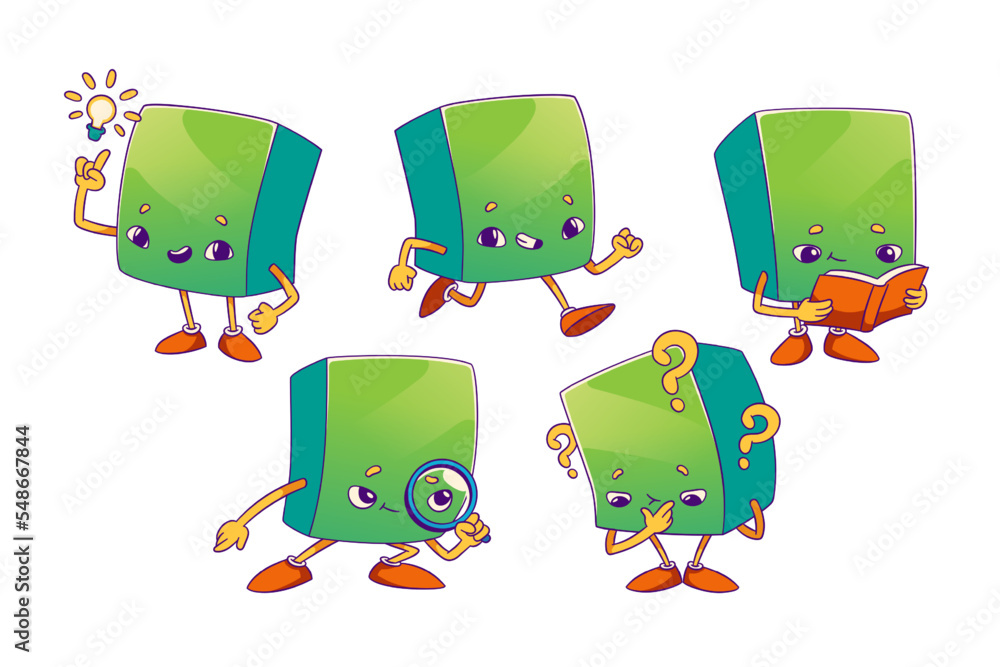 Poster rectangular parallelepiped or cuboid cartoon character emotions. isolated math personage having idea