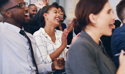 Applause, success and business people in conference, happy and support at a company event at work....