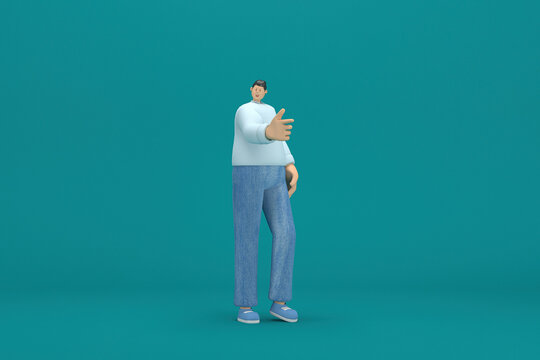 cartoon character wearing jeans and  long shirt. He is expression  of body and hand when talking. 3d rendering in acting.