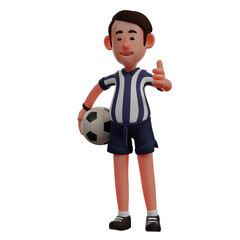  3D illustration. 3D Referee character Cartoon Design with thumbs up. have the ball in hand. Shows a cheerful smiling facial expression. 3D Cartoon Character