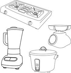 sketches of kitchen tools in the form of stoves, mix blenders, rice cookers, and scales. hand drawn