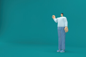 cartoon character wearing jeans and  long shirt. He is expression  of body and hand when talking. 3d rendering in acting.