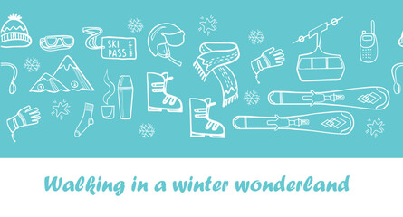 Winter greeting card. Winter ski characters and various icons. flat design style minimal vector illustration.